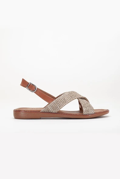 Kadın Düz Topuklu Sandalet Vizon Hasır Çapraz Bantlı - Resim 3