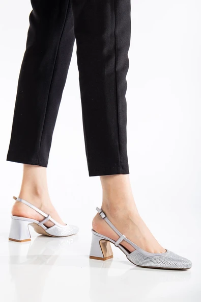 Kadın Kısa Topuklu Abiye Ayakkabı Gümüş Taş Döşeme Yuvarlak Burun - Resim 2