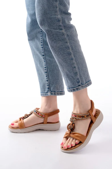 Taba Taşlı Arka Lastikli Günlük Kadın Sandalet ürün görseli