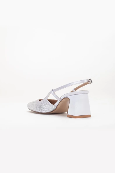 Kadın Kısa Topuklu Abiye Ayakkabı Gümüş Taş Döşeme Yuvarlak Burun - Resim 5