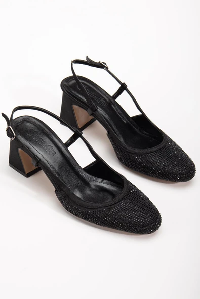 Kadın Kısa Topuklu Abiye Ayakkabı Siyah Taş Döşeme Yuvarlak Burun