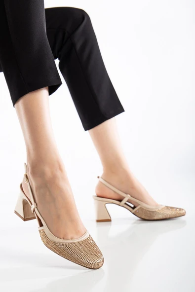 Kadın Kısa Topuklu Abiye Ayakkabı Ten Taş Döşeme Yuvarlak Burun - Resim 2