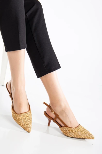 Kadın Kısa Topuklu Ayakkabı Taba Hasır Malzeme İnce Topuk Yan Direkli - Resim 2