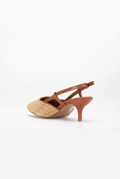 Kadın Kısa Topuklu Ayakkabı Taba Hasır Malzeme İnce Topuk Yan Direkli - Resim 5
