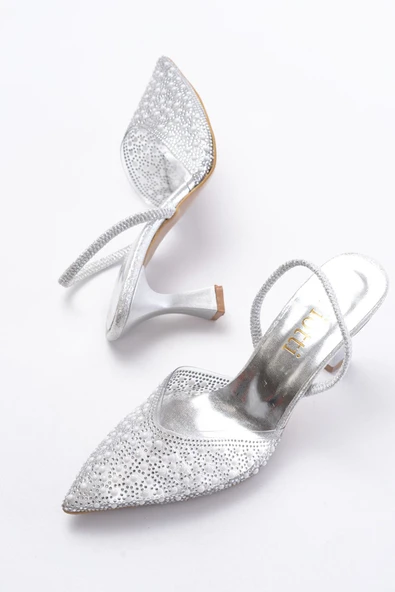 Gümüş Günlük Arkası Açık Taşlı Topuklu Bayan Ayakkabı - 5