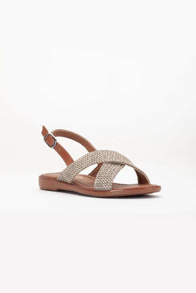 Kadın Düz Topuklu Sandalet Vizon Hasır Çapraz Bantlı - Resim 4