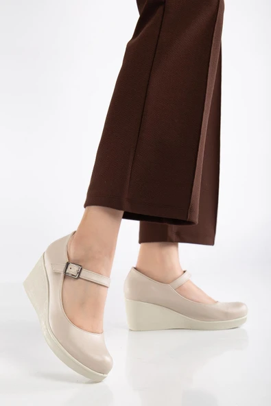 Baretli Suni Deri Bej Rugan Kadın Dolgu Taban Ayakkabı - Resim 2