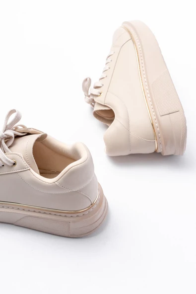 Bej Roze Bağcıklı Dikişli Günlük Spor Ayakkabı - 5