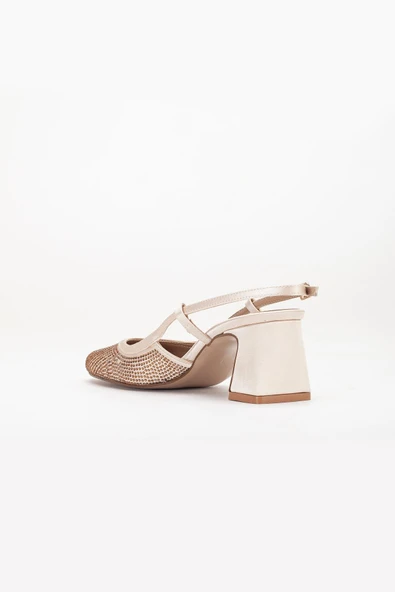 Kadın Kısa Topuklu Abiye Ayakkabı Ten Taş Döşeme Yuvarlak Burun - Resim 5