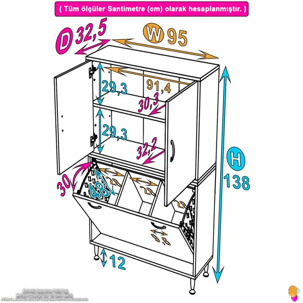 Modilayn İLKİM 95 x 138 x 32,5 cm' lik Kapak İçi Çift Raflı, Üç Akıllı Çamaşır Sepetli Dolap - 4