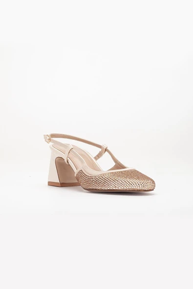 Kadın Kısa Topuklu Abiye Ayakkabı Ten Taş Döşeme Yuvarlak Burun - Resim 4