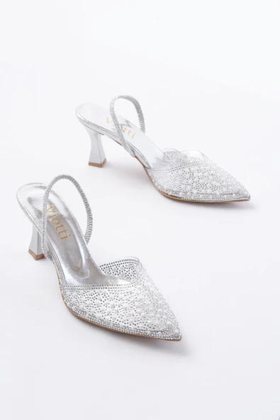 Gümüş Günlük Arkası Açık Taşlı Topuklu Bayan Ayakkabı - 3