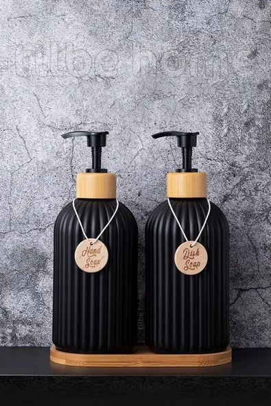 Tilbe Home 2’li Hands Dishes Siyah Dekoratif Mutfak Banyo Sıvı Cam Sabunluk Seti 500ml Bambu Stantlı Set