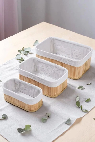 Tilbe Home 3lü Bambu Ekmeklik Sepet Dekoratif Ev Düzenleyici Organizer Çok Amaçlı Bambu Hasır Sepet - 5