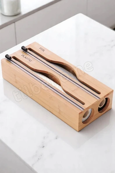 Tilbe Home Bambu Streç Kesici 2 Bölmeli Kapaklı Asılabilir Streç Film Folyo Kutusu Mutfak Dolapiçi Düzenleyici - 5