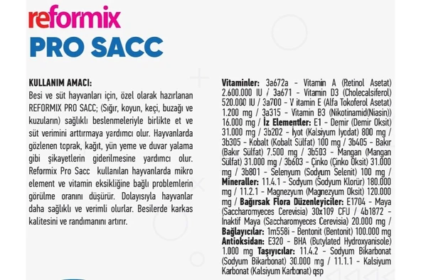 Hs Tarım Reformix Pro Sacc Hayvan Süt-Vitamin-Mineral Takviyesi 4 KG Kova - 4