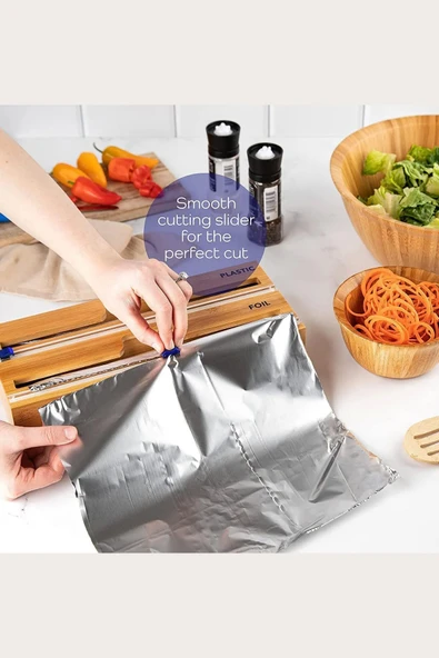 Tilbe Home Bambu Streç Kesici 2 Bölmeli Kapaklı Asılabilir Streç Film Folyo Kutusu Mutfak Dolapiçi Düzenleyici - 3