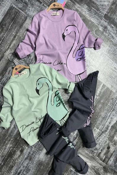 Flamingo Desenli Lila Renk Kız Çocuk Taytlı Takım - 3