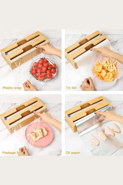 Tilbe Home Bambu Streç Kesici 2 Bölmeli Kapaklı Asılabilir Streç Film Folyo Kutusu Mutfak Dolapiçi Düzenleyici - 2