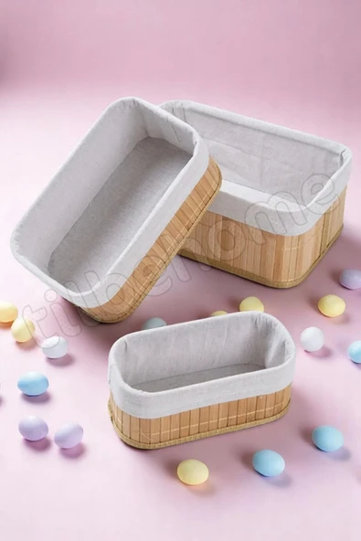 Tilbe Home 3lü Bambu Ekmeklik Sepet Dekoratif Ev Düzenleyici Organizer Çok Amaçlı Bambu Hasır Sepet - 4