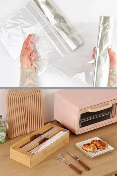 Tilbe Home Bambu Streç Kesici 2 Bölmeli Kapaklı Asılabilir Streç Film Folyo Kutusu Mutfak Dolapiçi Düzenleyici - 6