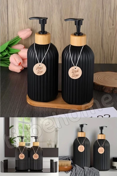 Tilbe Home 2’li Hands Dishes Siyah Dekoratif Mutfak Banyo Sıvı Cam Sabunluk Seti 500ml Bambu Stantlı Set - 5