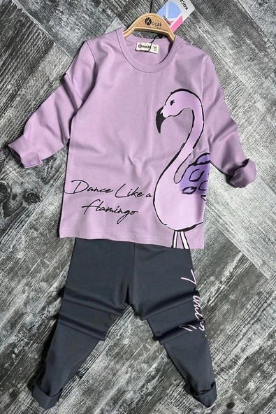 Flamingo Desenli Lila Renk Kız Çocuk Taytlı Takım - 2