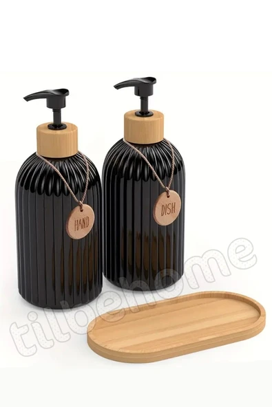 Tilbe Home 2’li Hands Dishes Siyah Dekoratif Mutfak Banyo Sıvı Cam Sabunluk Seti 500ml Bambu Stantlı Set - 2