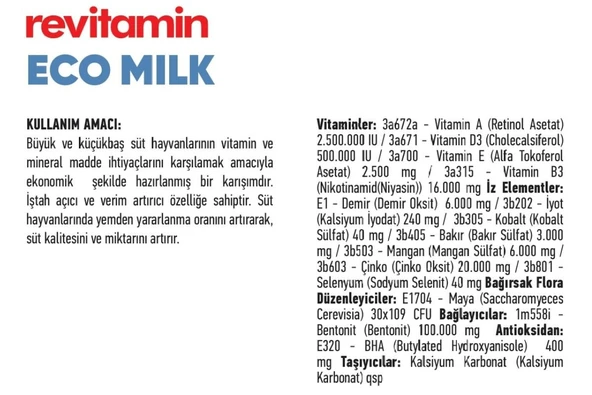 Hs Tarım Revitamin Eco Milk Büyük ve Küçükbaş Hayvan Vitamin Mineral Premiks 25 KG Kraft - 3