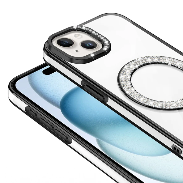 iPhone 15 Kılıf Pırlanta Taş Tasarımlı Kablosuz Şarj Özellikli Karetta Silikon Kapak - Resim 11