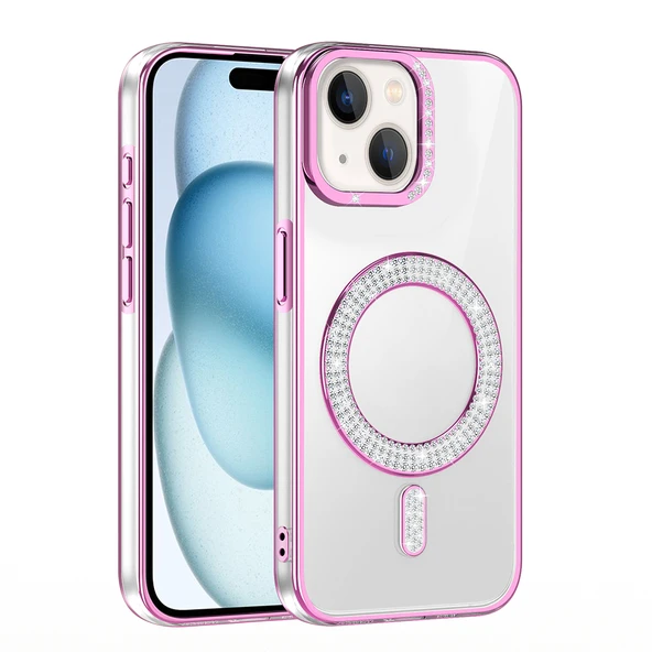 iPhone 15 Kılıf Pırlanta Taş Tasarımlı Kablosuz Şarj Özellikli Karetta Silikon Kapak - Resim 4