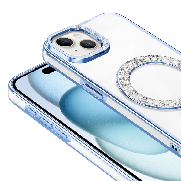 iPhone 15 Kılıf Pırlanta Taş Tasarımlı Kablosuz Şarj Özellikli Karetta Silikon Kapak - Resim 9