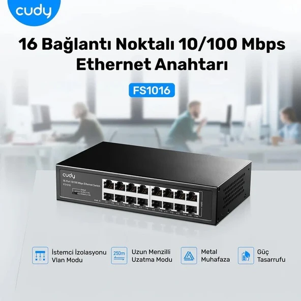 CUDY FS1016 16 PORT 10/100 YONETILEMEZ RACK MOUNT SWITCH METAL KASA - 2