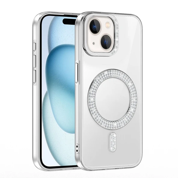 iPhone 15 Kılıf Pırlanta Taş Tasarımlı Kablosuz Şarj Özellikli Karetta Silikon Kapak - Resim 12