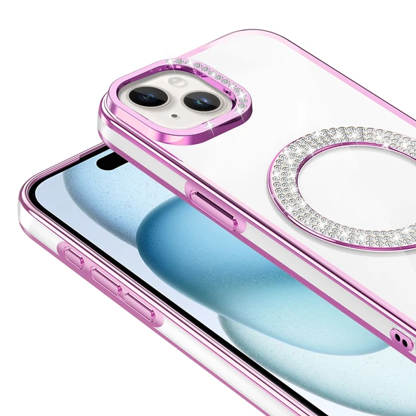 iPhone 15 Kılıf Pırlanta Taş Tasarımlı Kablosuz Şarj Özellikli Karetta Silikon Kapak - Resim 5