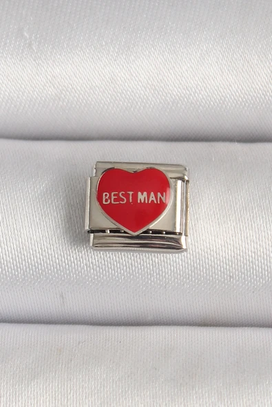 316L Çelik Gümüş Renk 'Best Man' Yazılı Kırmızı Kalp İşlemeli Nomination Charm - TJ-BC1208