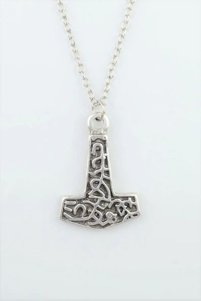 Thor Mjollnir Hammer Gümüş Kaplama Düz Zincir Kolye ürün görseli 1