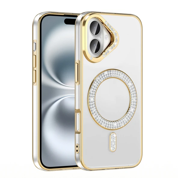 iPhone 16 Plus Kılıf Pırlanta Taş Tasarımlı Kablosuz Şarj Özellikli Karetta Silikon Kapak - Resim 6