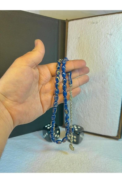 Altın Varaklı Tesbih Lacivert Renkli Kapsül Kesim T-18