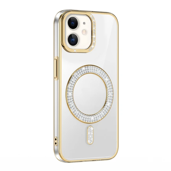 iPhone 11 Kılıf Pırlanta Taş Tasarımlı Kablosuz Şarj Özellikli Karetta Silikon Kapak