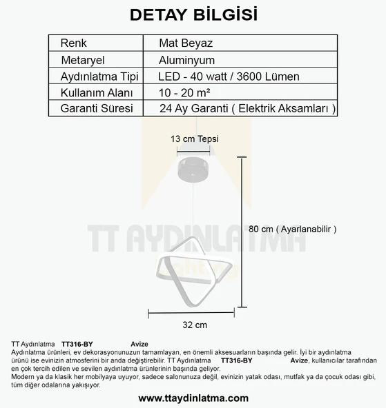 TT Aydınlatma TT316-BY  2Kare Modeli Mat Beyaz Led Avize - Resim 4