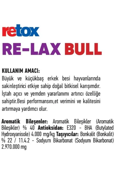 Hs Tarım Retox Re-lax Bull Erkek Besi Hayvanları İçin Sakinleştirici Yem Katkı 20Kg Torba - 4
