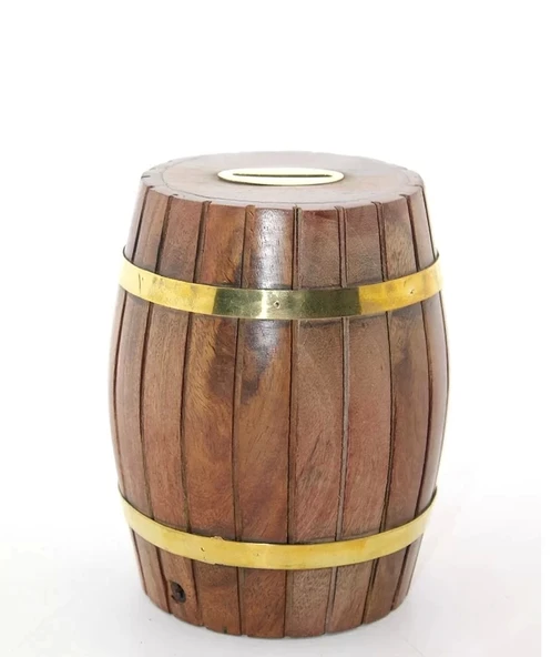 Pirinç Ahşap Fıçı Kumbara 12.5 Cm Wb535