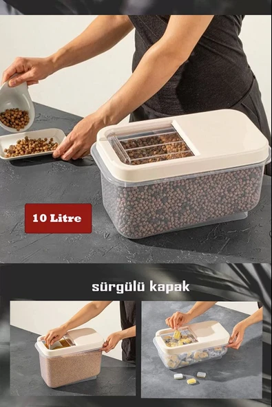 Sürgülü Kapaklı 10 Lt Erzak Bakliyat Un Şeker Saklama Kabı - 4