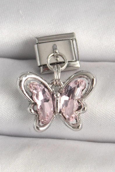 316L Çelik Gümüş Renk Pembe Zirkon Taşlı Kelebek Model Nomination Charm - TJ-BC1327