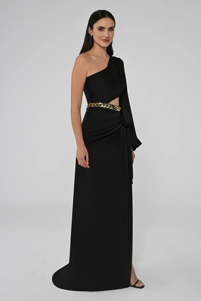 Alfa Beta Tek Kol Beli Zincirli Yırtmaçlı Saten Uzun Abiye Elbise - 3