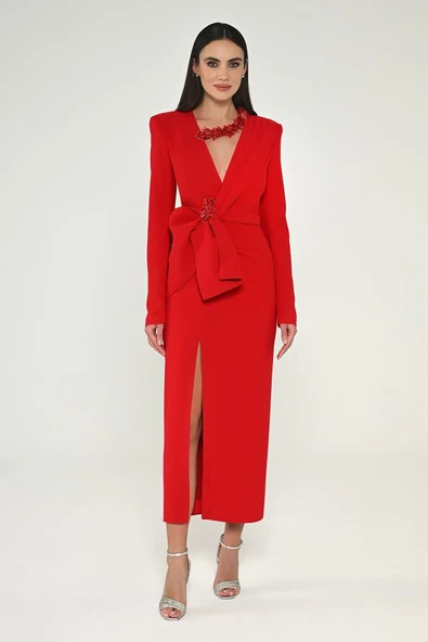 Alfa Beta Uzun Kollu Vatkalı V Yaka Yırtmaçlı Midi Abiye Elbise - Resim 2