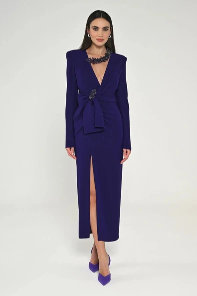 Alfa Beta Uzun Kollu Vatkalı V Yaka Yırtmaçlı Midi Abiye Elbise - Resim 5