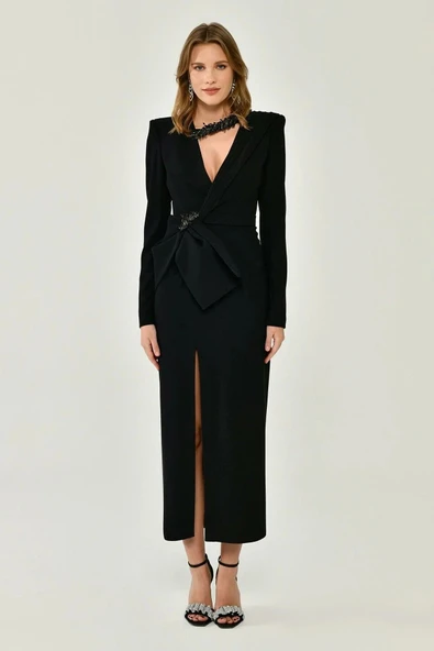 Alfa Beta Uzun Kollu Vatkalı V Yaka Yırtmaçlı Midi Abiye Elbise - Resim 6