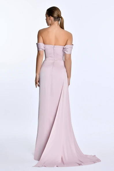 Alfa Beta Düşük Omuz Yandan Yırtmaçlı Saten Uzun Abiye Elbise 2115649 - 8